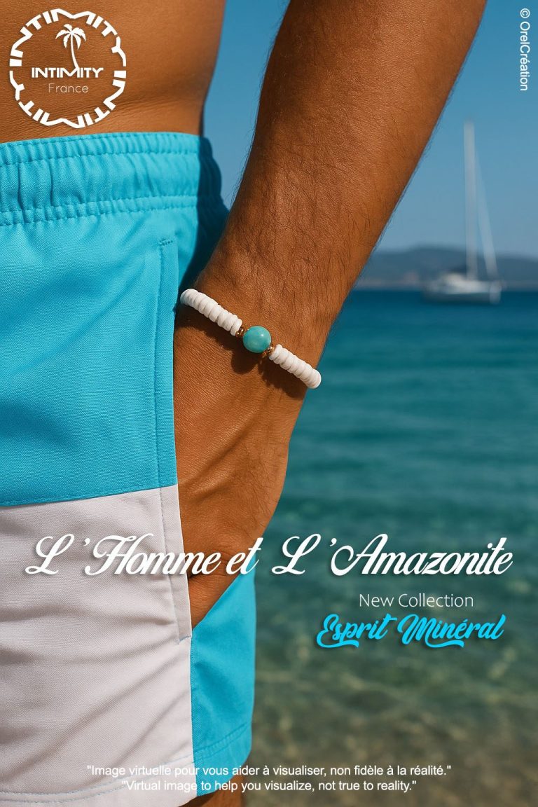 bracelet homme coquillage et pierre Amazonite Un homme en maillot de bain turquoise, bras replié, près de l'eau claire bracelet en pierre naturel Amazonite.