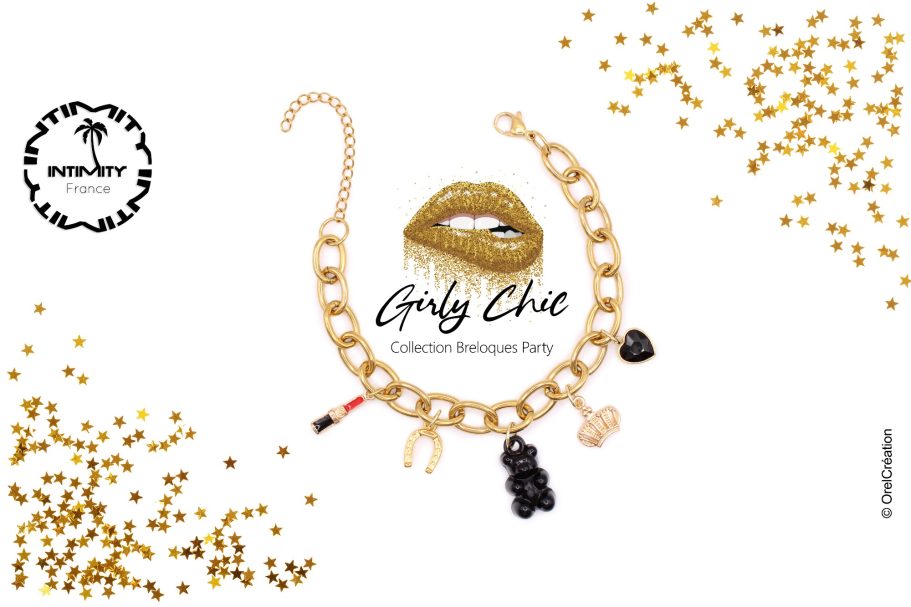 bracelet femme inoxydable breloque fantaisie Collier doré avec pendentifs fantaisie et lèvres dorées brillantes.