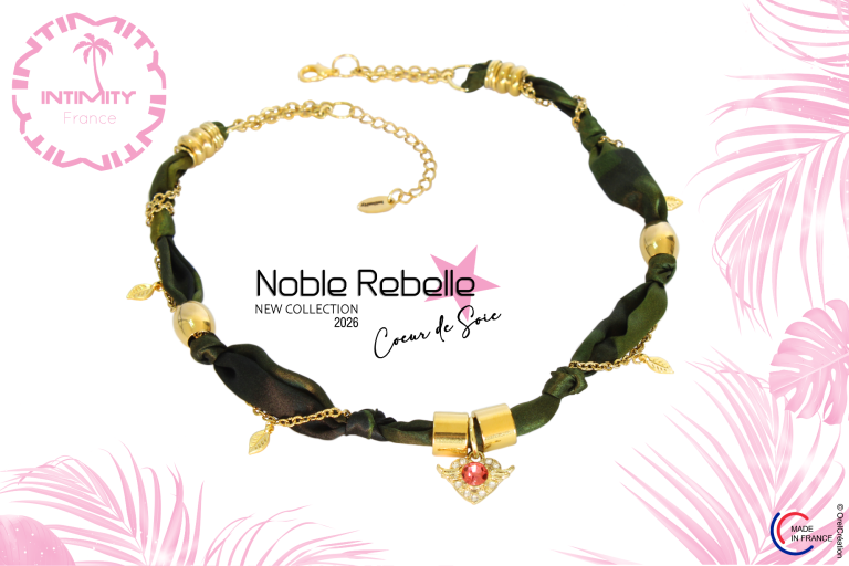 collier tendance 2026 créateur Collier en tissu soie de créateur vert avec pendentif doré et cœur en diams rose, collection Noble Rebelle.