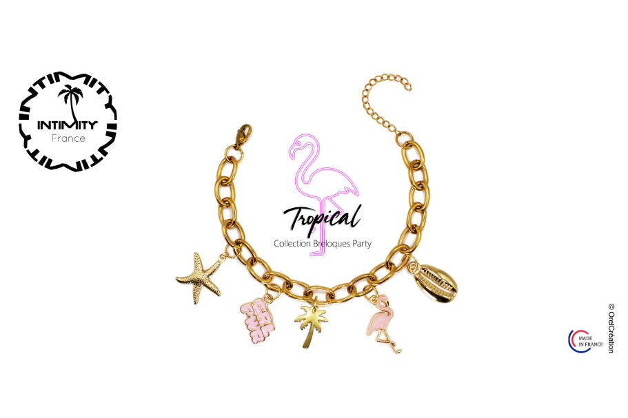 bracelet femme bijoux fantaisie Bracelet en chaîne dorée avec charm's étoile de mer, palmier et flamant rose.
