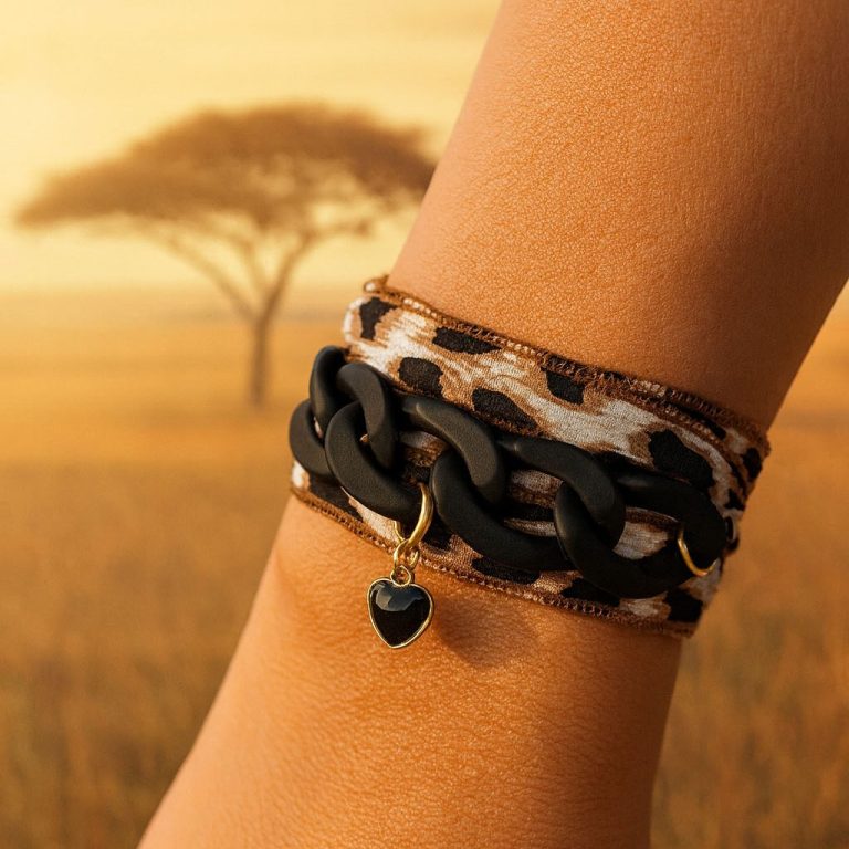 bracelet femme stylé mode 2026 Bracelet en tissu léopard avec chaîne noire et pendentif en cœur, sur fond de paysage savoureux.