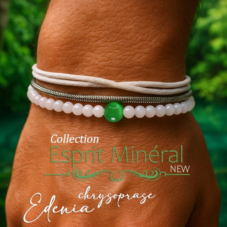 bracelet homme tendance 2026 Bracelet homme composé de perles blanches et d'une vrais pierre verte Chrysoprase, sur un poignet.