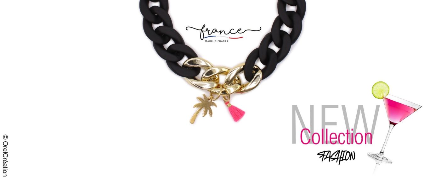 Piéce unique bracelet femme tendance 2026 Collier noir avec pendentifs dorés et une touche de rose, promotion d'une nouvelle collection.