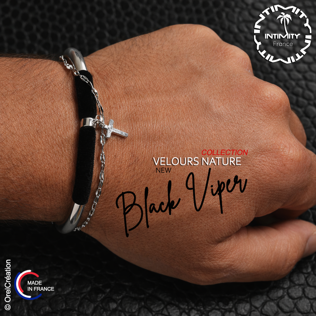 Bracelet en velours noir avec croix, intitulé "Black Viper".