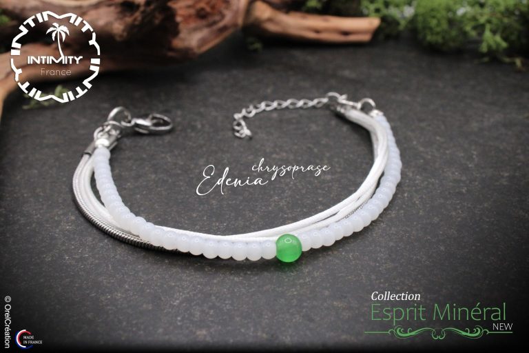 bracelet homme créateur mode 2026 Bracelet délicat en plusieurs brins avec une vrais pierre Chrysoprase verte au centre.